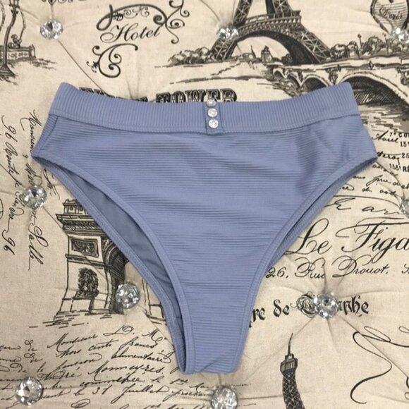 TOPSHOP Blue Ribbed Button High Waist Bikini Bottom - Picture 3 of 6